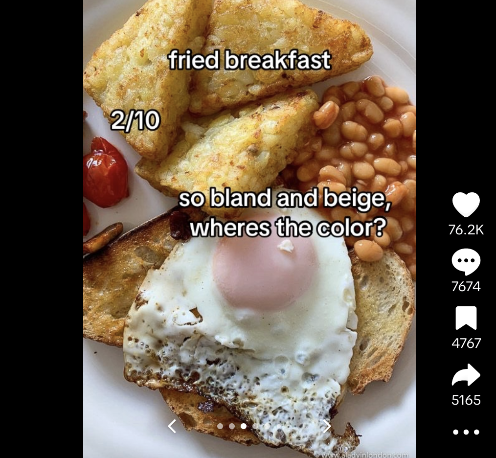 British fried breakfast on a plate in a TikTok video